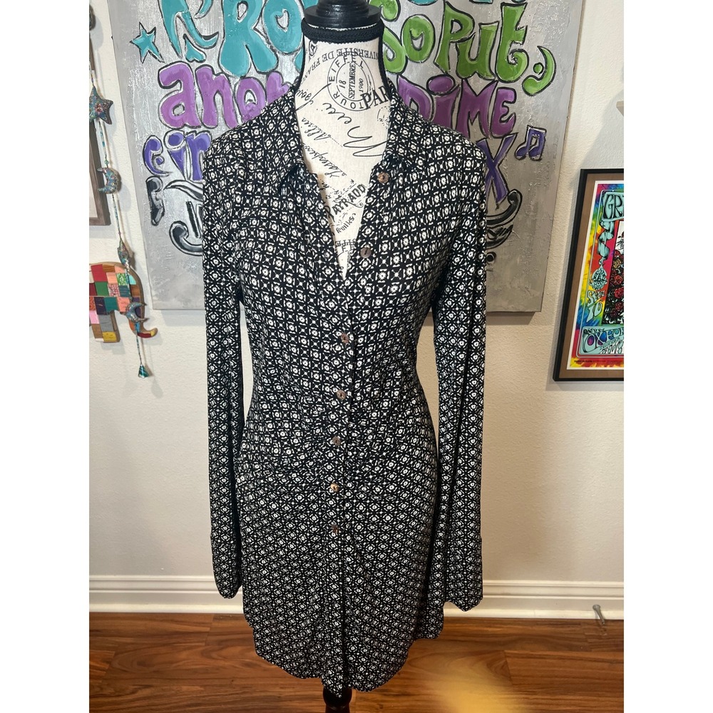Free People Shayla Black White Geometric Long Sleeve Mini Dress
